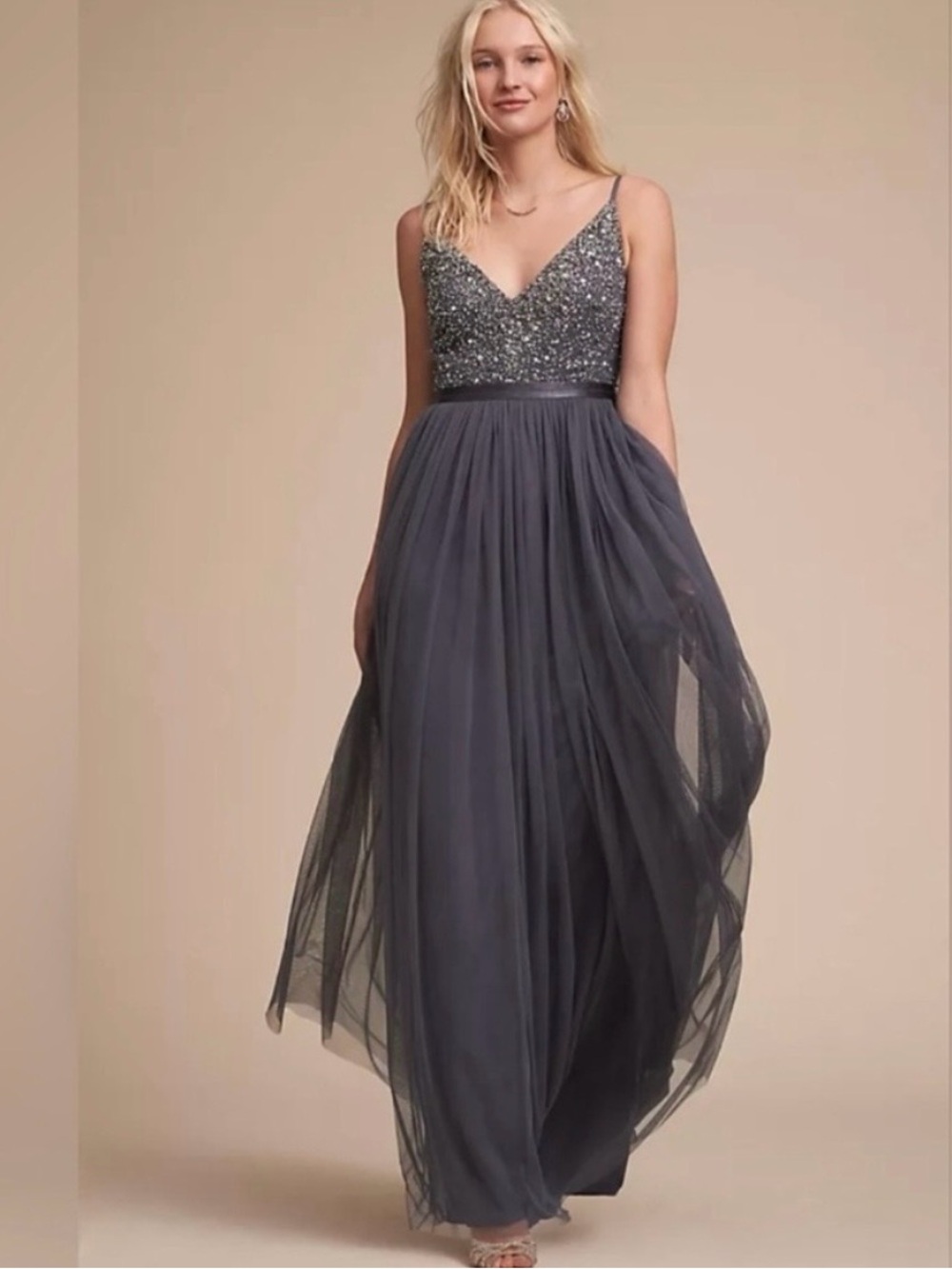 Dusty blue BHLDN bridesmaid dress